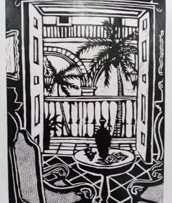 Balcony Reflections- A linocut painting by Ayana Bardhan