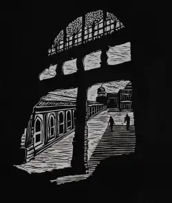 Through the Arched Shadows- A linocut painting by Gaurika Gaind