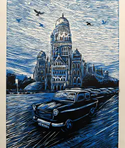 City of Dreams- A linocut painting by Naina Goculdas