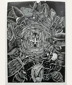 Caught in the swarm- A linocut painting by Tarini Mittal