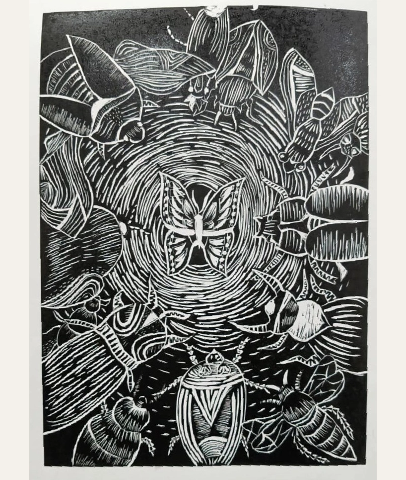 Tarini Mittal - Caught in the Swarm Caught in the swarm- A linocut painting by Tarini Mittal